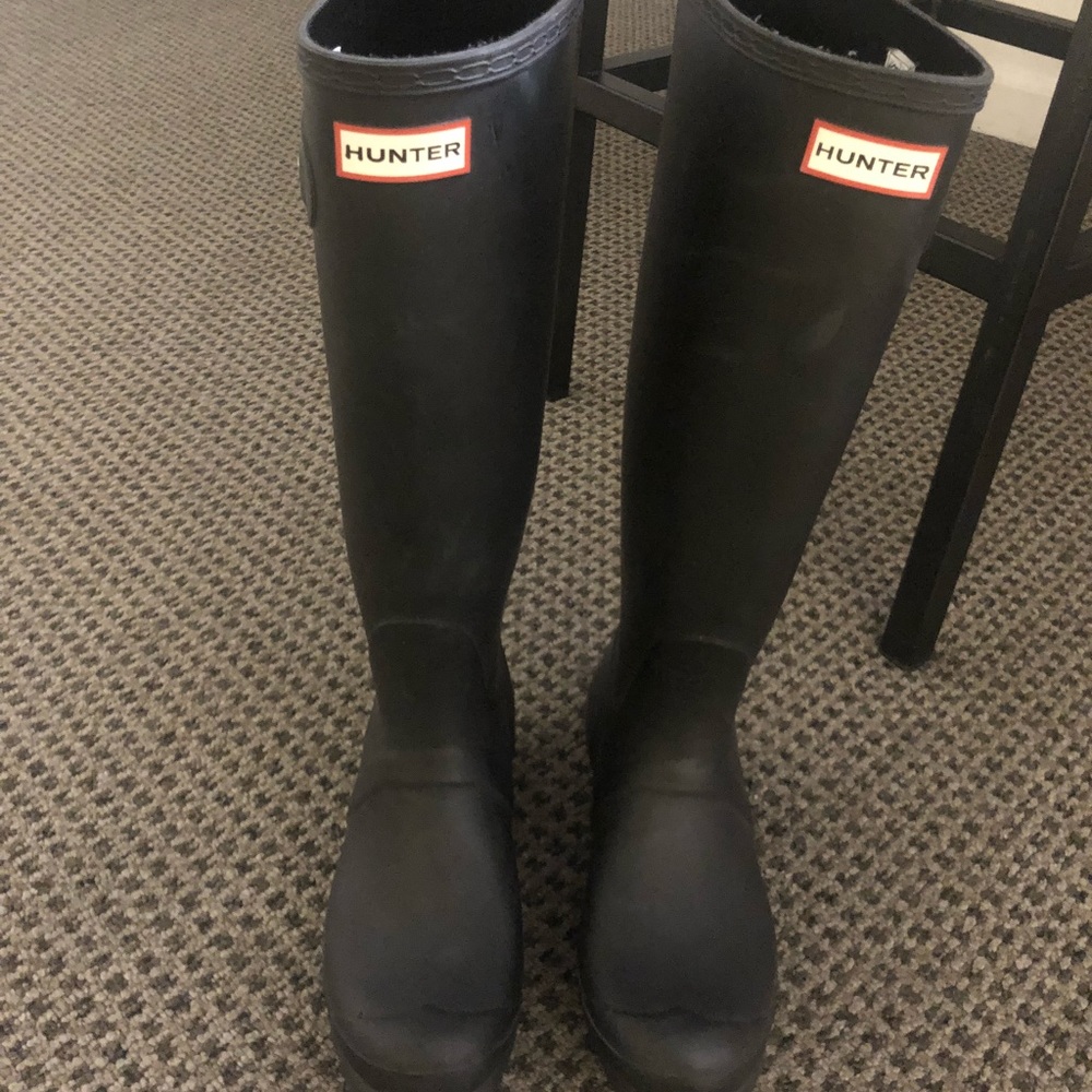 Tall matte black Hunter rain boots